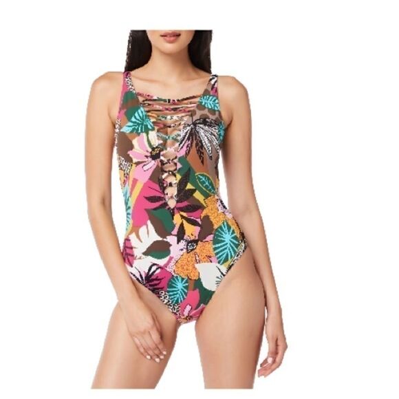 BLEU BY ROD BEATTIE  Lace-Up Over-the-Shoulder Swimsuit Jungle Book Floral 14 - Picture 8 of 15